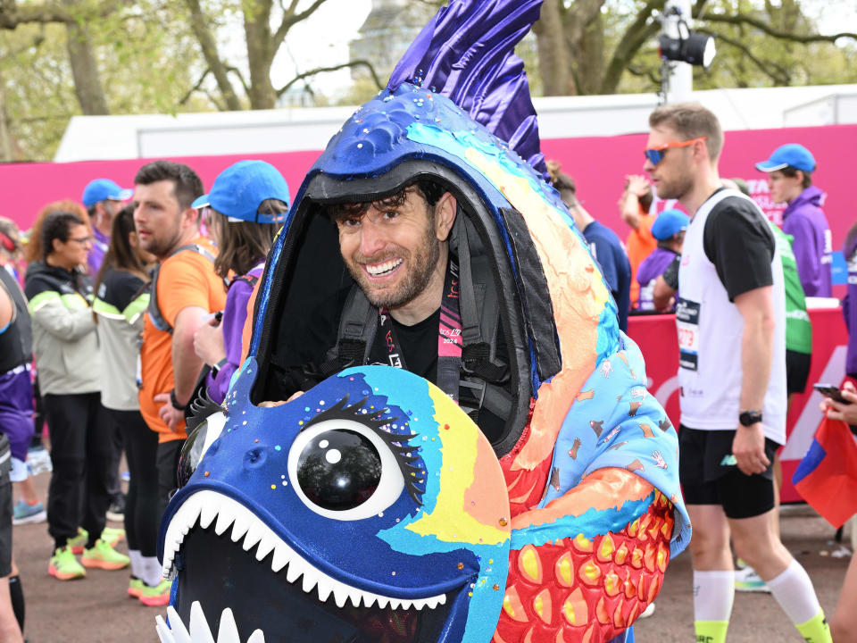 LONDON, ENGLAND - APRIL 21: Joel Dommett finishes the 2024 London Marathon on April 21, 2024 in London, England. (Photo by Karwai Tang/WireImage)