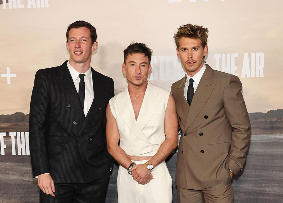 (L-R) Callum Turner, Barry Keoghan, and Austin Butler attend the world premiere of Apple TV+'s "Masters Of The Air" at Regency Village Theatre on January 10, 2024 in Los Angeles, California.