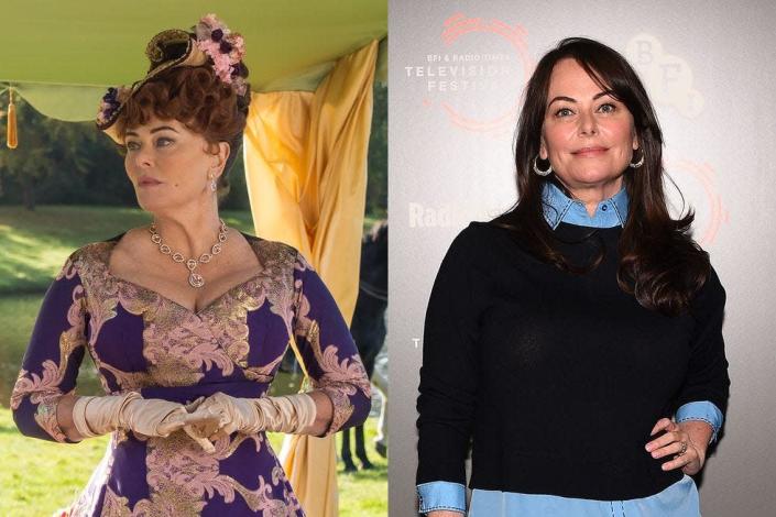 <p>Veteran actress Polly Walker (<em>Clash of the Titans</em>, <em>Emma</em>) portrays Portia Featherington, a domineering mother with a taste for extremely bright clothing.</p>