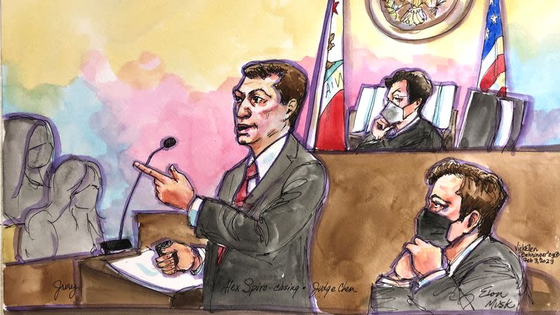 Tesla CEO Elon Musk sits in the courtroom during closing arguments at a securities-fraud trial at federal court in San Francisco