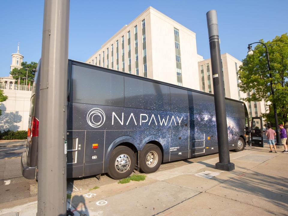 The exterior of the Napaway coach on a bright cloudless day.