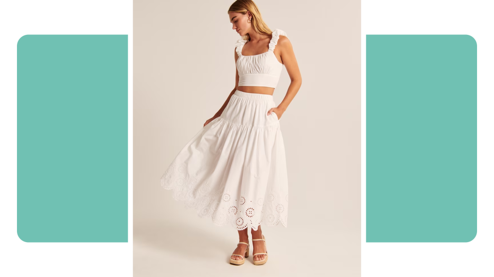 For a sweet style for days spent lounging, look no further than the Eyelet Midi Skirt.