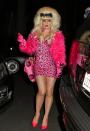 Most Angelenos can probably figure out who Fergie was dressed up as. Everyone else? Maybe not. For a Friday night costume party, the songstress wore a skin-tight leopard-print mini, faux fur jacket, and sky-high blond wig to portray Angelyne, a big-bosomed model who began buying billboard space around Los Angeles in the early ‘80s to advertise herself. That pink toy car she’s carrying is a nod to the pink Corvette Angelyne is often spotted cruising around town in. (10/26/2012)