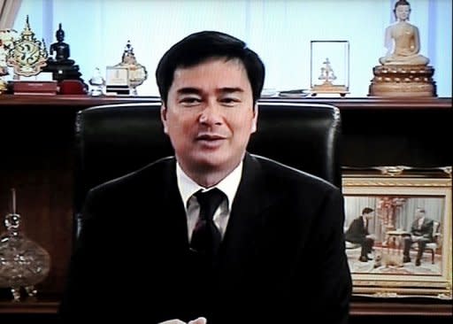 A television grab shows Thai Prime Minister Abhisit Vejjajiva speaking during an announcement of the house dissolution at the Government House in Bangkok. Thailand's election countdown began on Monday when the government set July 3 for what promises to be a tough battle, after the king endorsed a decree to dissolve the lower house of parliament