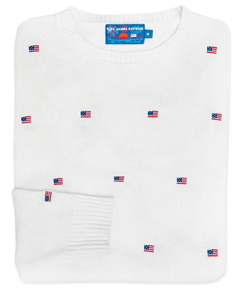 Men's Kiel James Patrick white The Grand Old Flag sweater depicting small American flags.