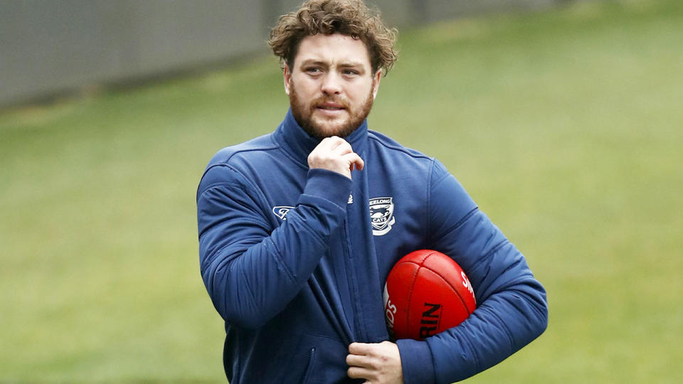 Jack Steven, pictured here back at Geelong training on Monday.