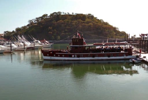 The "Isla Morada" boat, which belonged to the famous US mafioso Al Capone, prepares to weigh anchor, on April 15 in Panama City. The wooden ship, famous for smuggling liquor for the US mobster during the prohibition era, turned 100 this year and has been refurbished for guided tours of the canal's locks and shoreline wildlife