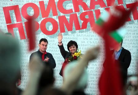 Kornelia Ninova, leader of the Bulgarian Socialist party greets supporters during an election rally in Sofia, Bulgaria, March 24, 2017. REUTERS/Dimitar Kyosemarliev