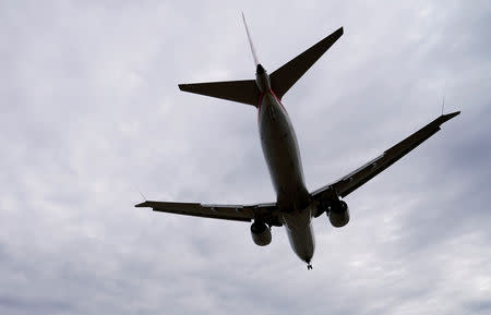 FILE PHOTO: An American Airlines Boeing 737 MAX 8 flight from Los Angeles approaches to land at Reagan National Airport shortly after an announcement was made by the FAA that the planes were being grounded by the United States over safety issues in Washington, U.S. March 13, 2019. REUTERS/Joshua Roberts/File Photo