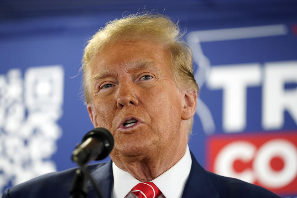 Republican presidential candidate former President Donald Trump speaks at a rally at Des Moines Area Community College in Newton, Iowa, Saturday, Jan. 6, 2024. (AP Photo/Andrew Harnik)