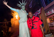 <p>Kylie’s ex brother-in-law Lamar Odom also checked out the festivities. The former NBA star is tall, but not quite as tall as this foreboding Statue of Liberty! (Photo: Nate Weber/Universal Studios Hollywood) </p>