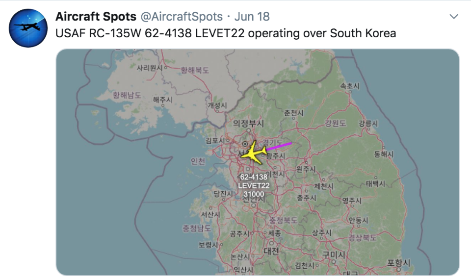 美國偵察機連續兩天在南韓首都圈上空飛行，加強對北韓的監察。   圖：翻攝自「Aircraft Spots」Twitter