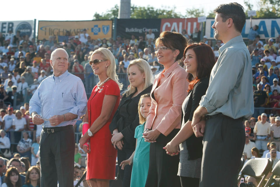 WASHINGTON, PA - AUGUST 30:  (L-R) Presumptive Republican presidential nominee John McCain (R-AZ), his wife Cindy, their daughter Meghan, presumptive Republican vice-presidential nominee Alaska Gov. Sarah Palin, her daughters Piper (C) and Willow with her husband Todd arrive and greet supporters during an event at Consol Energy Park August 30, 2008 in Washington, Pennsylvania. Palin and McCain are campaigning before heading to the Republican National Convention.  (Photo by Joe Raedle/Getty Images)