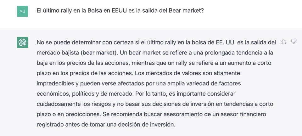 Respuesta de ChatGPT a la pregunta: ¿Es el último rally en la bolsa de Estados Unidos la salida del 'bear market' o mercado bajista?