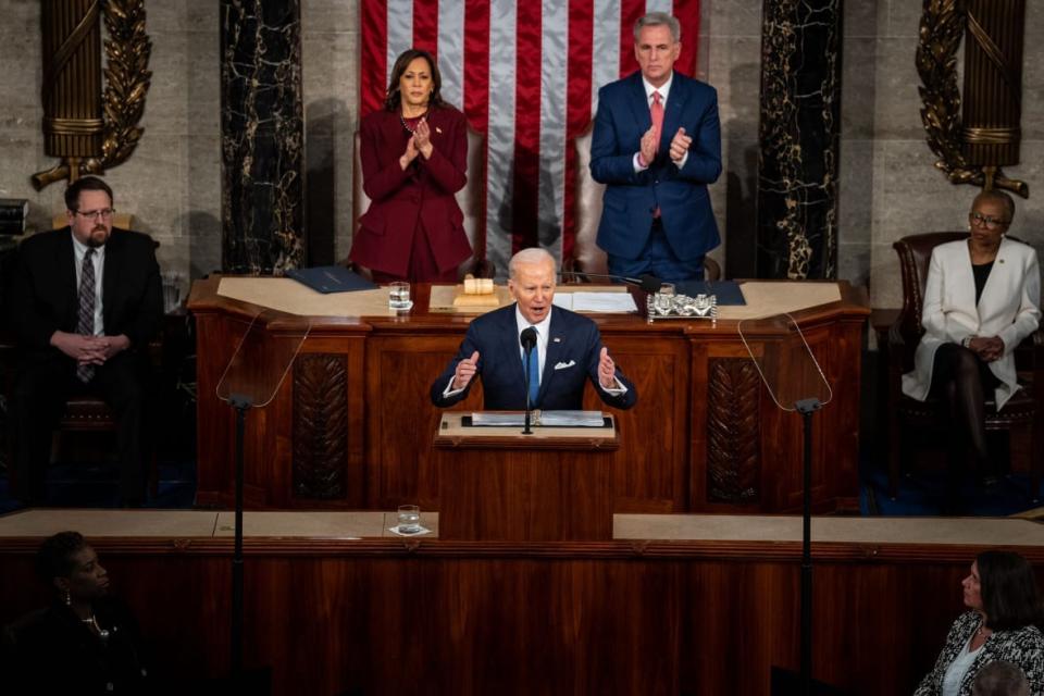 President Joe Biden speaks as Vice President Kamala Harris, left, and Speaker of the House Kevin McCarthy (R-Calif.), right, listen during a State of the Union address at the U.S. Capitol on Tuesday, Feb. 7, 2023 in Washington, D.C. (Kent Nishimura / Los Angeles Times via Getty Images)