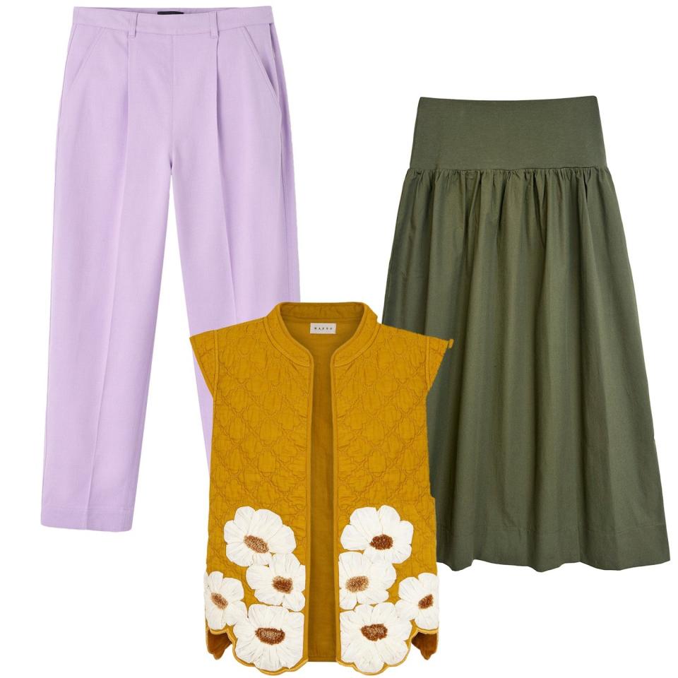 Tapered trousers, £195, Me+Em; Cotton vest, £240, Maksu; Cotton skirt, £65, Albaray