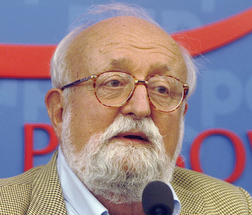 FILE - In this Sept. 16, 2013, file photo, Polish composer Krzysztof Penderecki tells a news conference in Warsaw, Poland. Sources close to the family say that Penderecki died Sunday at the age of 86 after a “long and serious illness.” (AP Photo/Czarek Sokolowski, File)