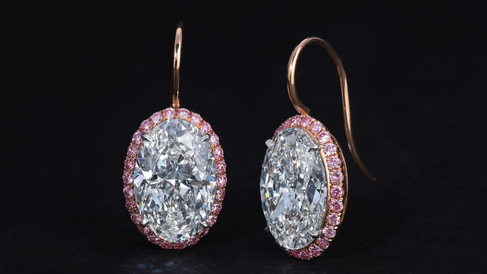 Martin Katz 3-Carat Oval Diamond Earrings Surrounded by Pink Diamonds