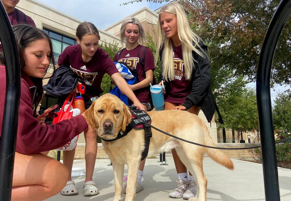 On a recent stroll around campus, Brady met with cheerleaders Brooke Ashley, Kylie Pizzurro, Baleigh Moi and Breanna Shafer in front of the university's events center.