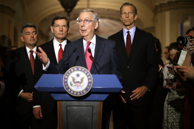 Senate Majority Leader Mitch McConnell (R-KY) (C) talks to reporters with (L-R) Sen. Cory Gardner (R-CO), Sen. John Barrosso (R-WY) and Sen. John Thune (R-SD) following their party's weekly policy luncheon at the U.S. Capitol May 16, 2017 in Washington, DC. (Photo: Chip Somodevilla/Getty Images)