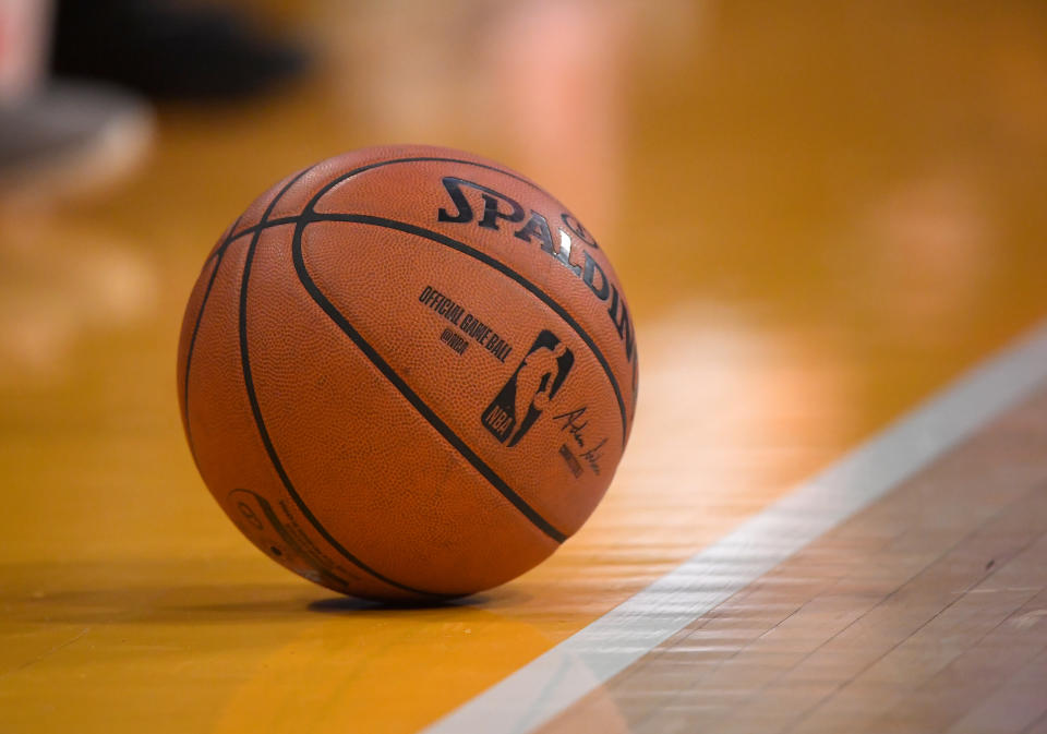 LOS ANGELES, CA - DECEMBER 25:  The official game ball rests on the court during the game between the Los Angeles Lakers and the Los Angeles Clippers at Staples Center on December 25, 2019 in Los Angeles, California. NOTE TO USER: User expressly acknowledges and agrees that, by downloading and/or using this Photograph, user is consenting to the terms and conditions of the Getty Images License Agreement. (Photo by Jayne Kamin-Oncea/Getty Images)