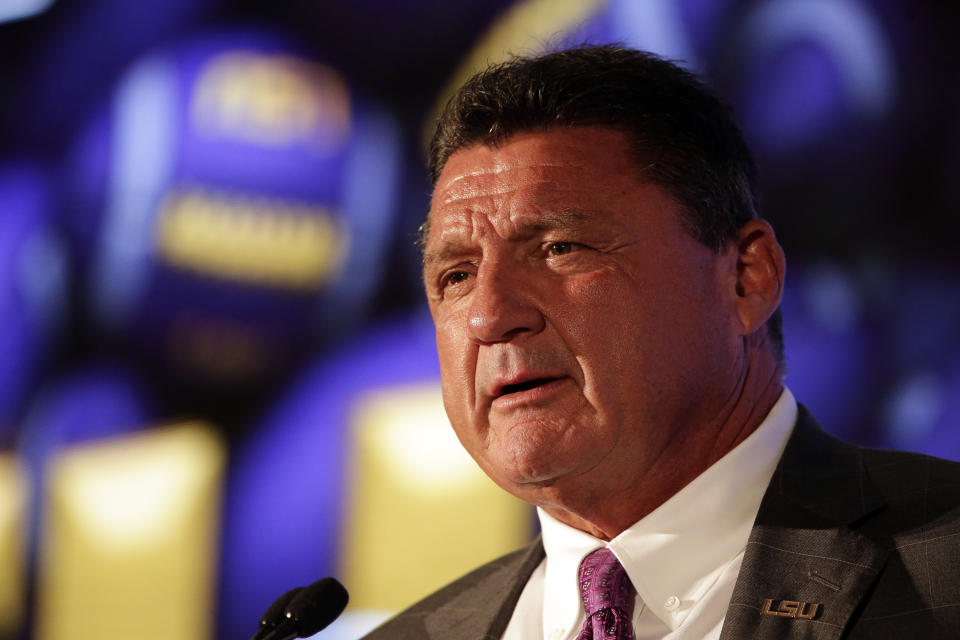 LSU head coach Ed Orgeron speaks to reporters during the NCAA college football Southeastern Conference Media Days Monday, July 19, 2021, in Hoover, Ala. (AP Photo/Butch Dill)