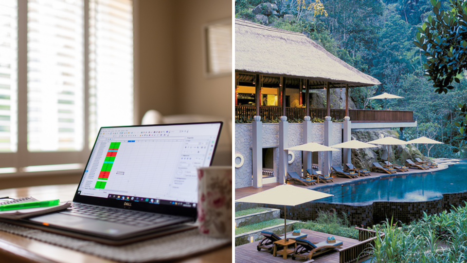 A composite image of a laptop showing someones work and a beautiful hotel in Bali.