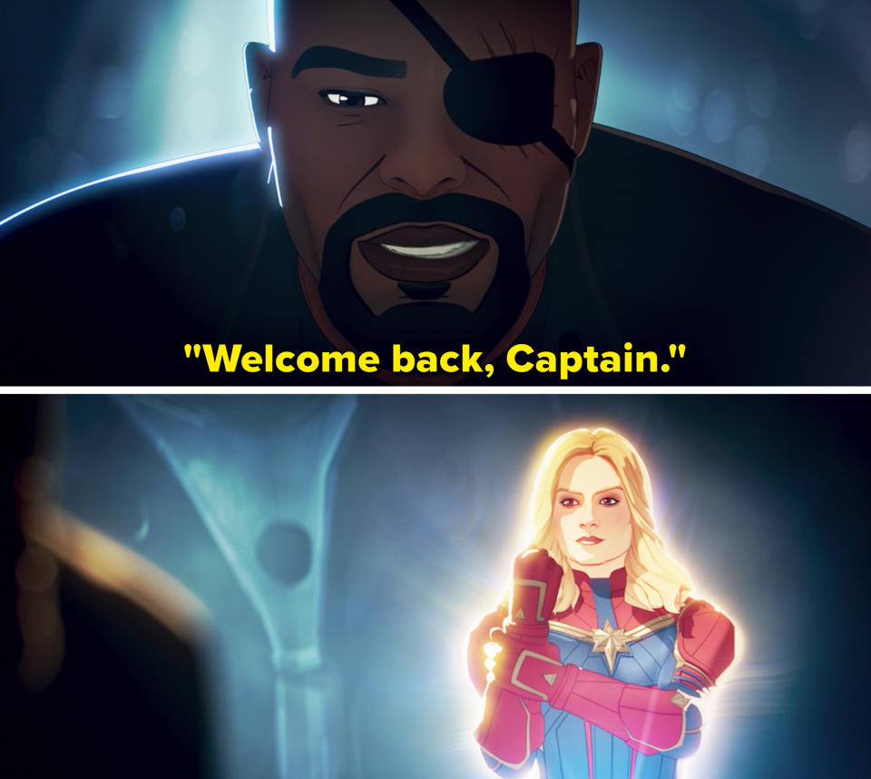 Fury telling Captain Marvel, "Welcome back, Captain"