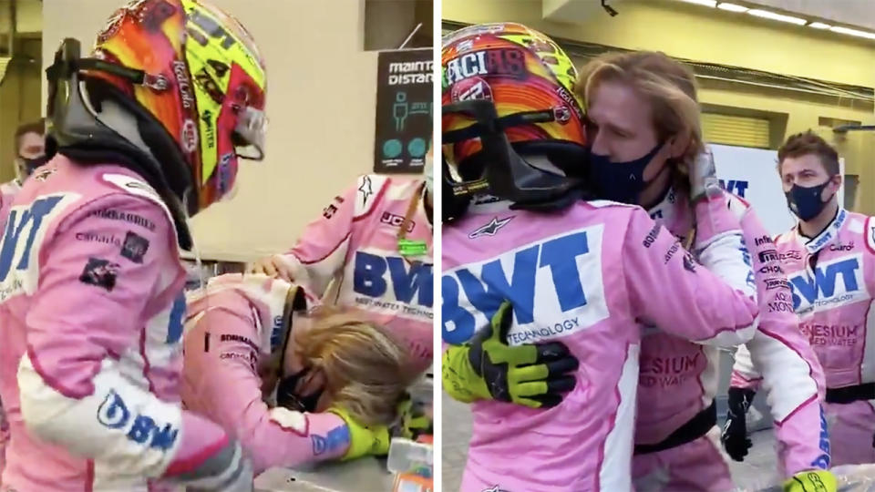 F1 driver Sergio Perez comforts his race engineer after an engine problem forced him to retire from the season-ending Abu Dhabi GP, his final outing with the Racing Point team. Pictures: Formula One/Racing Point