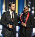 <p>Luke Bryan (L) and Jason Derulo win an award during the 2017 CMT Music Awards at the Music City Center on June 7, 2017 in Nashville, Tennessee. (Photo by J. Merritt/FilmMagic) </p>