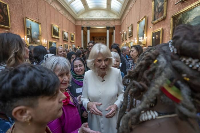 Camilla, Queen Consort, attends a reception to raise awareness of violence against women and girls in Buckingham Palace on Nov. 29, 2022.