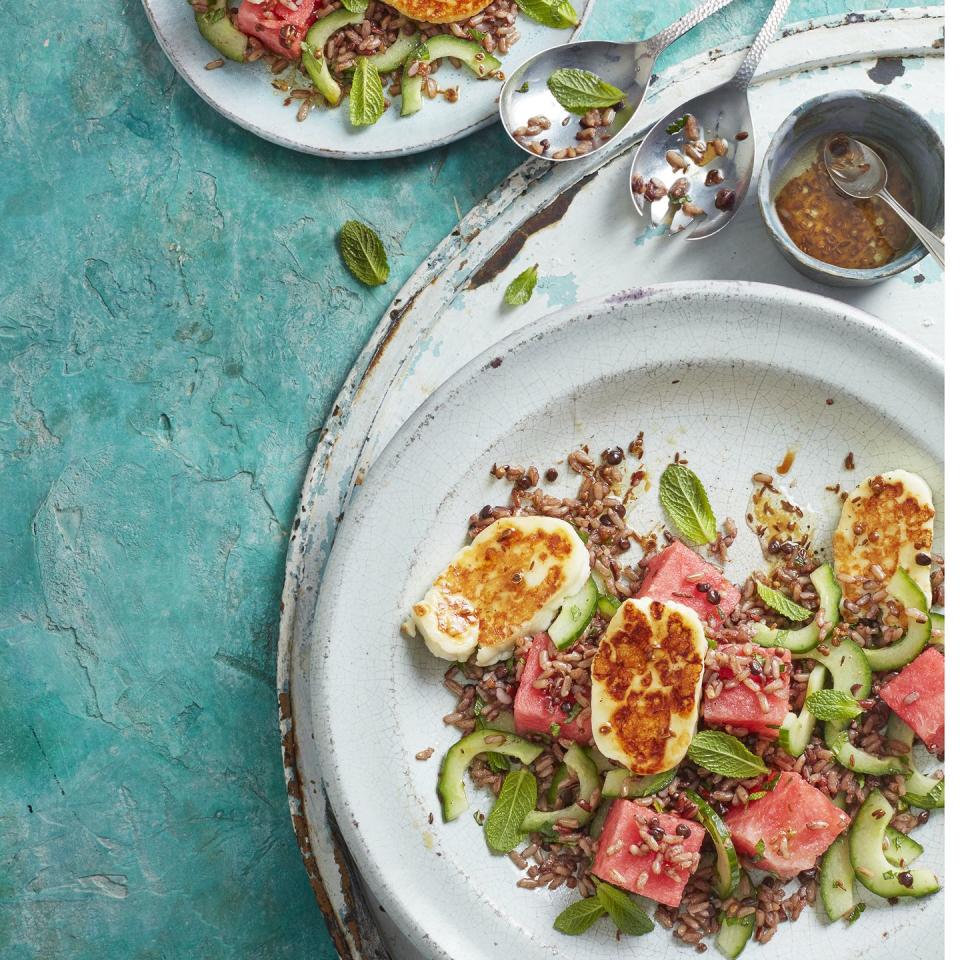 <p>Refreshing, sweet watermelon marries well with salty halloumi and fragrant mint. Swap the halloumi for feta, if you like, or serve with barbecued lamb.</p><p><a class="link " href="https://www.redonline.co.uk/food/recipes/a32612237/halloumi-salad-recipe/" rel="nofollow noopener" target="_blank" data-ylk="slk:FIND THE RECIPE;elm:context_link;itc:0;sec:content-canvas">FIND THE RECIPE</a></p>
