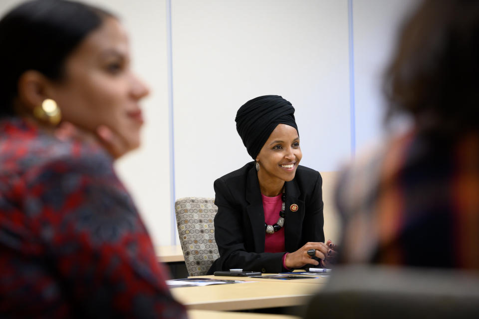 Omar meets with employees of Northpoint Health &amp; Wellness Center in North Minneapolis on April 24, 2019. (Photo: Caroline Yang for HuffPost)