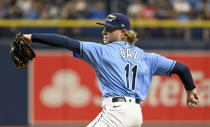 Tampa Bay Rays starter Shane Baz pitches against the Miami Marlins during the sixth inning of a baseball game Sunday, Sept. 26, 2021, in St. Petersburg, Fla. (AP Photo/Steve Nesius)