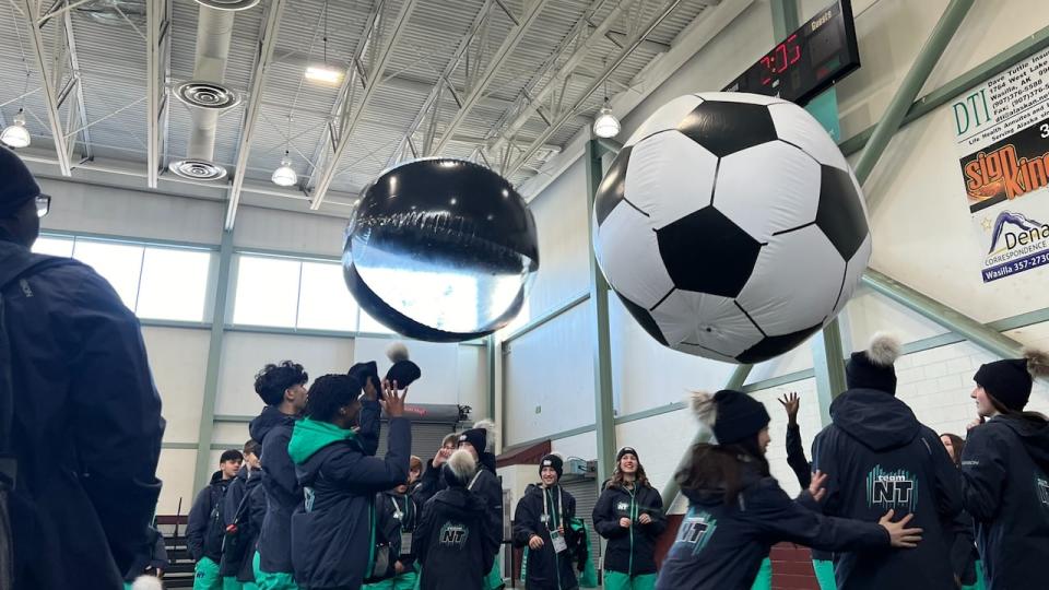 The N.W.T. futsal team gets some practice in on Sunday before the AWG opening ceremonies.