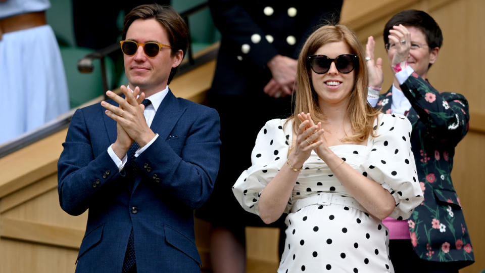 Edo Mapelli Mozzi and Princess Beatrice, Mrs Edoardo Mapelli Mozzi attend Wimbledon Championships Tennis Tournament at All England Lawn Tennis and Croquet Club on July 08, 2021 in London, England.