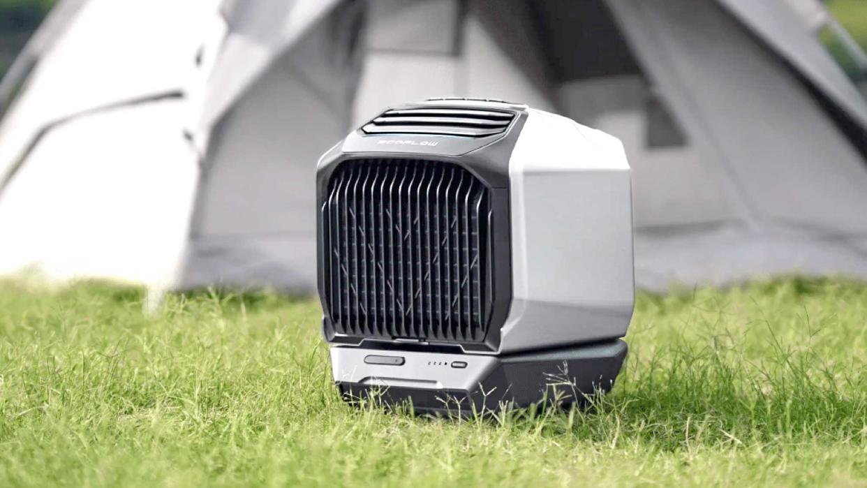  EcoFlow Wave 2 smart heat pump outside on grass near tent. 