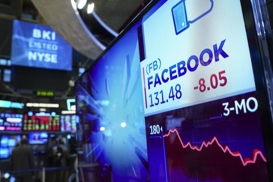 Las acciones de Facebook han sido una de las más castigadas durante 2018. En la imagen, una pantalla con el logo de la compañía en la que se puede apreciar un caída de las acciones de algo más del 8%. Foto: CNBC.