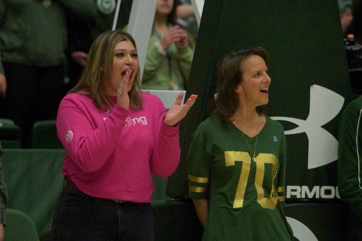 Briana Tangredi, left, and Amy Bibbey on the court pregame before the CSU and UCHealth "Fight Like a Ram" initiative on Saturday, Feb. 4, 2023.