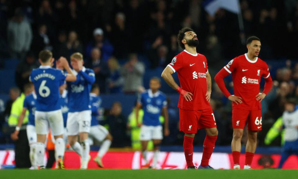 <span>Mohamed Salah looks to the skies after Dominic Calvert-Lewin scores Everton’s second goal.</span><span>Photograph: Lee Smith/Action Images/Reuters</span>