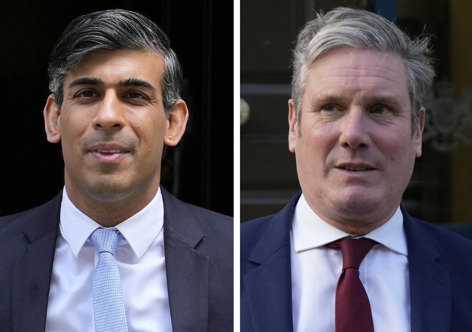 FILE - This combo image shows Britain's Prime Minister Rishi Sunak in London, Wednesday, May 15, 2024, left, and Leader of the opposition Labour party and Keir Starmer, right, in London, Monday, Oct. 31, 2022. (AP Photo)