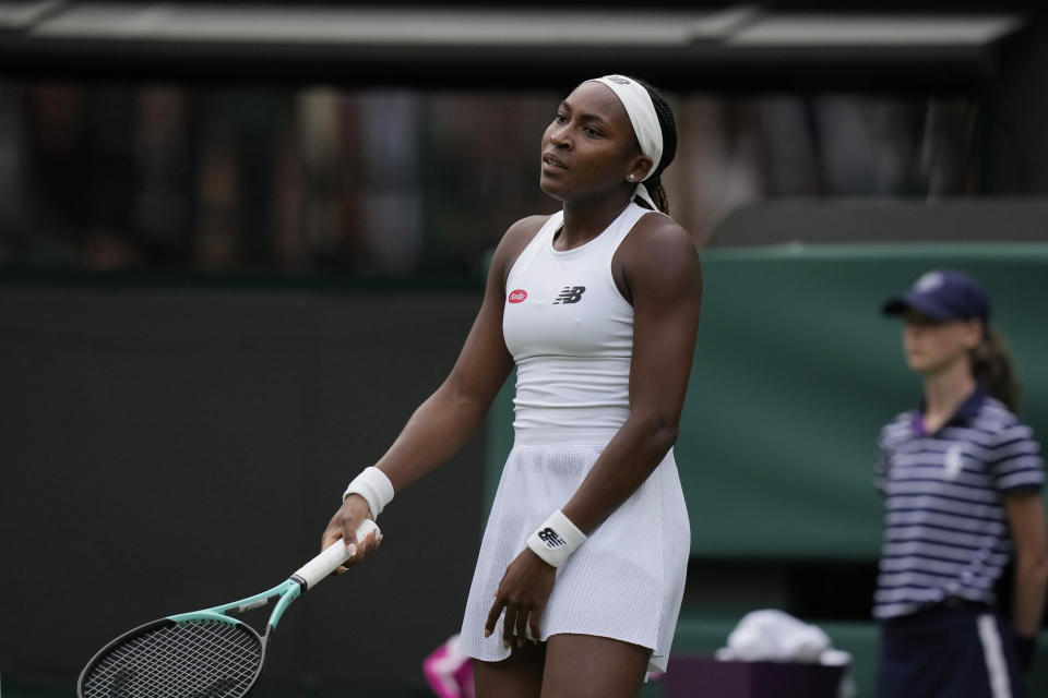Coco Gauff of the US loses a point to Sofia Kenin of the US during the first round women's singles match on day one of the Wimbledon tennis championships in London, Monday, July 3, 2023. (AP Photo/Alastair Grant)