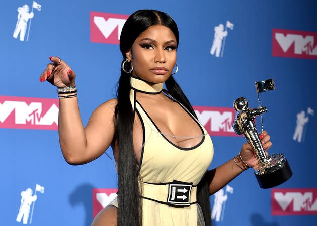 Nicki Minaj poses in the press room with her award for Best Hip-Hop Video for 