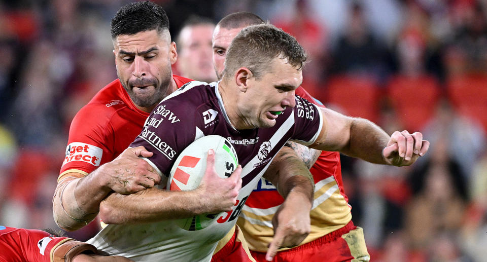 Seen here, Tom Trbojevic playing for Manly against the Dolphins in round 10. 