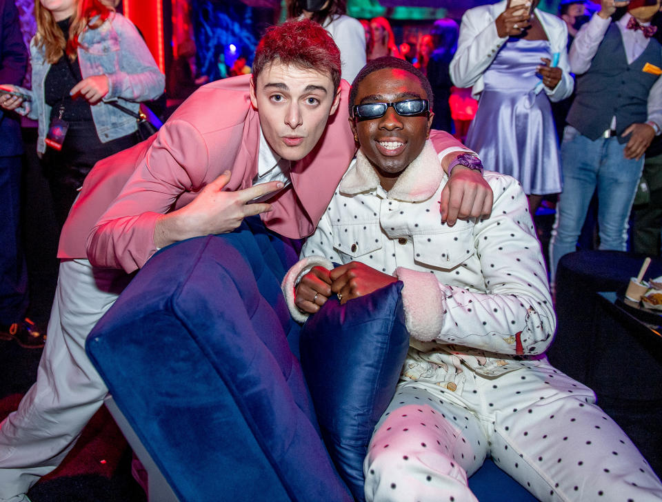 <p><em>Stranger Things</em> costars Noah Schnapp and Caleb McLaughlin get together during the show's season 4 premiere afterparty in Brooklyn on May 14.</p>