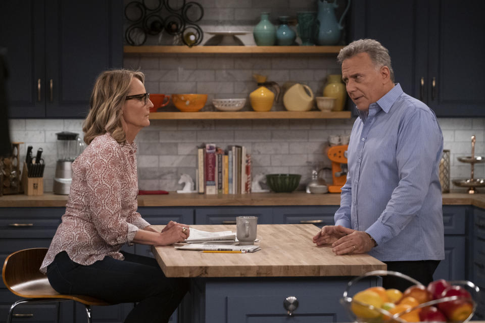 This image released by Sony Pictures Television/Spectrum Originals shows Paul Reiser, right, and Helen Hunt in a scene from "Mad About You," a reboot of the 1990s comedy series. The limited series debuts Wednesday on Spectrum Originals for on-demand subscribers. (Darren Michaels/Sony Pictures Television/Spectrum Originals via AP)