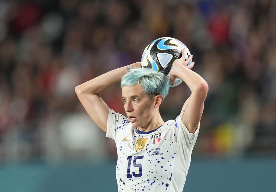 AUCKLAND, NEW ZEALAND - AUGUST 1: Megan Rapinoe of USA looks on during the FIFA Women's World Cup Australia & New Zealand 2023 Group E match between Portugal and USA at Eden Park on August 1, 2023 in Auckland, New Zealand. (Photo by Ulrik Pedersen/DeFodi Images via Getty Images)