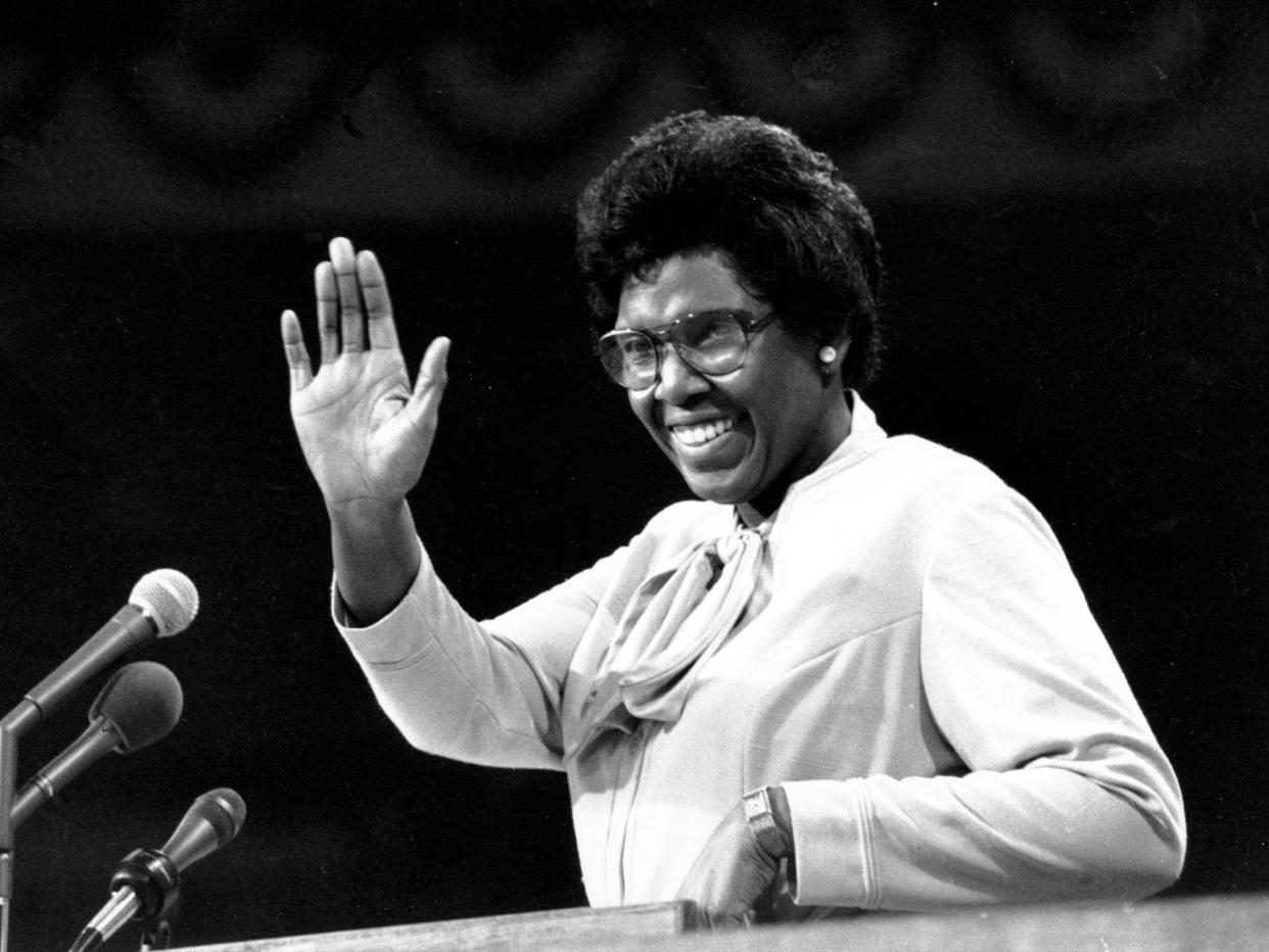 Barbara Jordan waves as she speaks at the 1976 Democratic National Convention