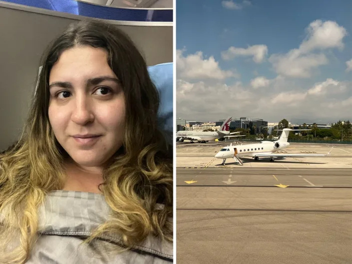 Side by side images of awoman taking a selfie in an airplane suite and a private plane on the runway.