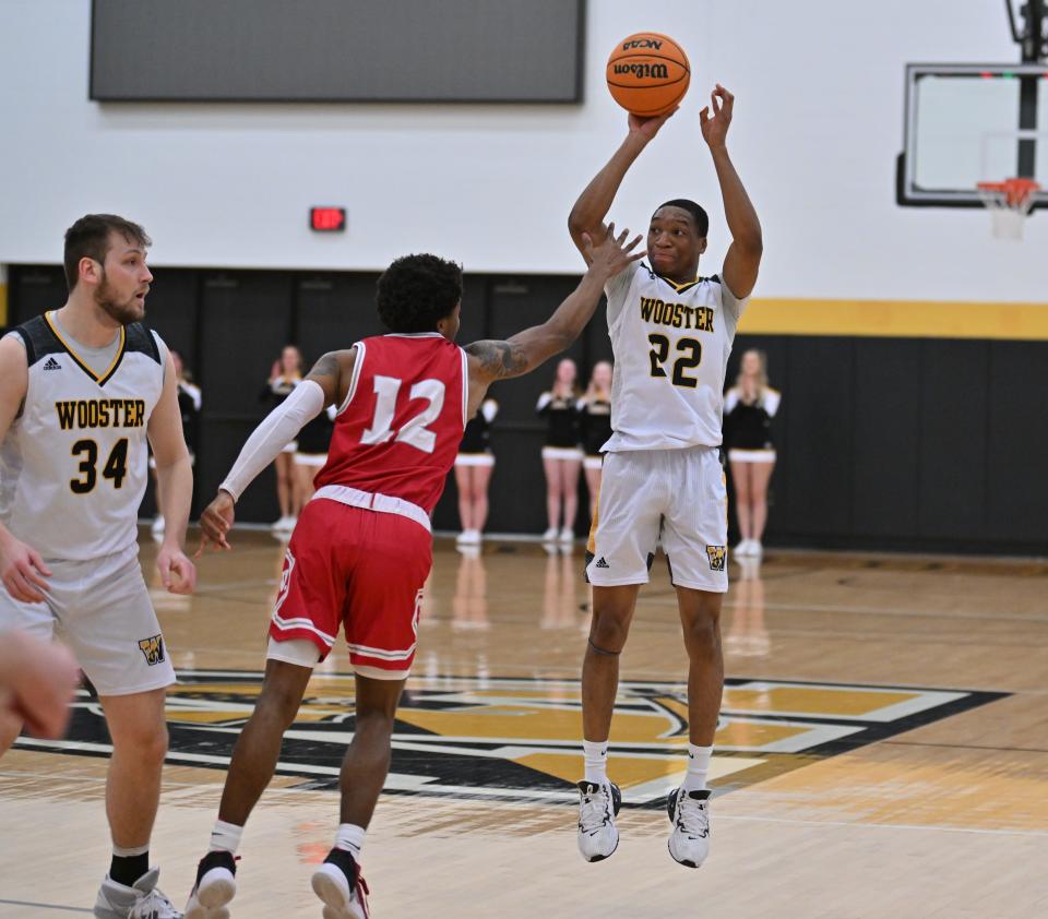 Wooster's Jamir Billings hits one of his 10 3-pointers in an 81-80 loss to Wabash in the NCAC Tournament championship game.